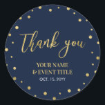Navy & Gold | Modern Birthday Favour Thank you Classic Round Sticker<br><div class="desc">This modern custom thank you sticker will add stylish detail to your special day. This design features gold lettering " Thank you " and confetti on a  navy blue background. Matching birthday party invitations and stationeries are available in my shop BaraBomDesign.</div>