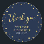 Navy & Gold | Modern Birthday Favour Thank you Classic Round Sticker<br><div class="desc">This modern custom thank you sticker will add stylish detail to your special day. This design features gold lettering " Thank you " and confetti on a  navy blue background. Matching birthday party invitations and stationeries are available in my shop BaraBomDesign.</div>
