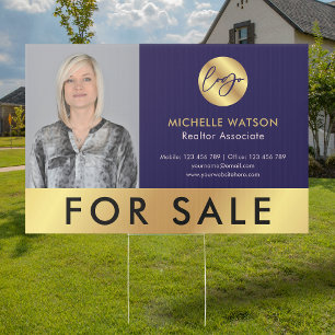 Navy & Gold Modern Logo Sales Agent Photo For Sale Garden Sign
