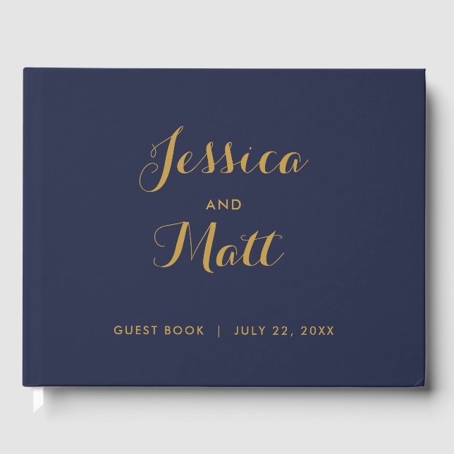 Navy Gold Modern Script Photo Wedding Guest Book (Front)