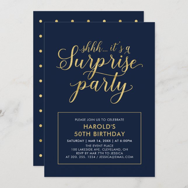 Navy & Gold | Modern Surprise 50th Birthday Party Invitation (Front/Back)