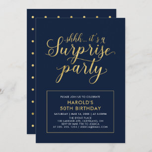 Navy & Gold   Modern Surprise 50th Birthday Party Invitation