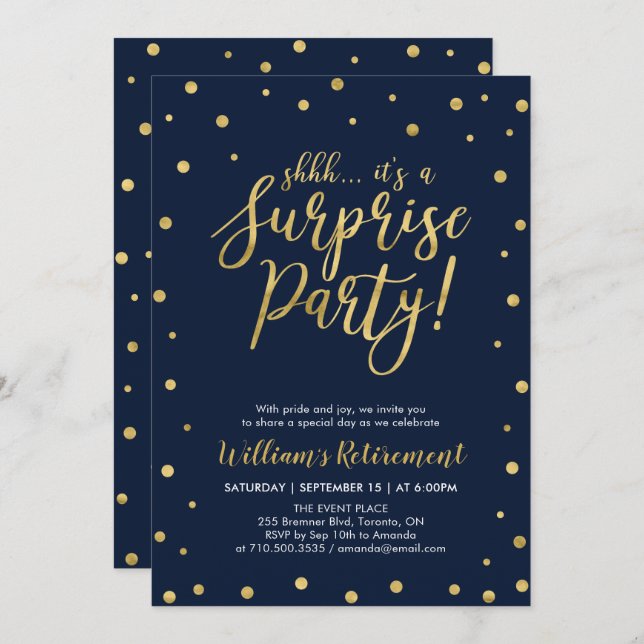Navy & Gold | Modern Surprise Retirement Party Invitation (Front/Back)