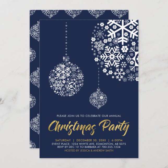 Navy & Gold Modern Winter Holiday Party Invitation (Front/Back)