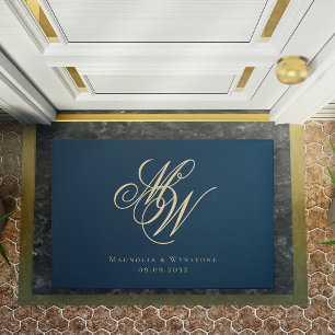 Navy Gold Monogram Couple Doormat