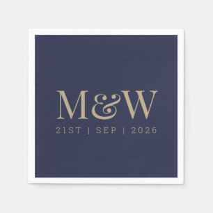 Navy Gold Monogram Modern Blue Wedding Napkin