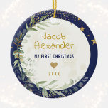 Navy Gold Moon & Stars Baby 1st Christmas Ceramic Ornament<br><div class="desc">Moon & Stars themed ornament featuring elegant watercolour greenery and dreamy moon and star elements in navy blue and gold</div>