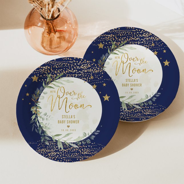 Navy Gold Moon & Stars Greenery Baby Shower Paper Plate (Creator Uploaded)