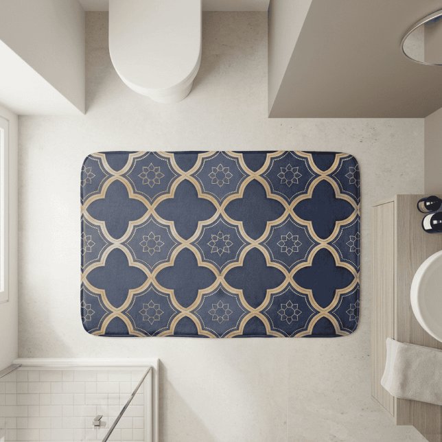 Navy & Gold Moroccan Quatrefoil Geometric Pattern Bath Mat (navy and gold moroccan bath mat)