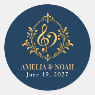 Navy Gold Musical Notes Wedding Classic Round Sticker