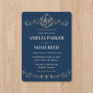 Navy Gold Musical Notes Wedding Invitation