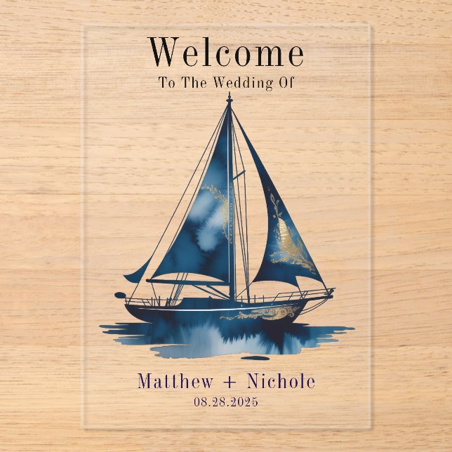 Navy Gold Nautical Boat Gold Wedding Welcome Sign Acrylic Invitations (Front)