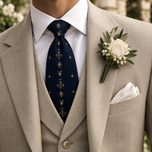 Navy Gold Nautical Fleur Shell Motif Tie
