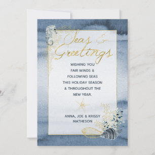 Navy & Gold Nautical Seas & Greetings Christmas Holiday Card