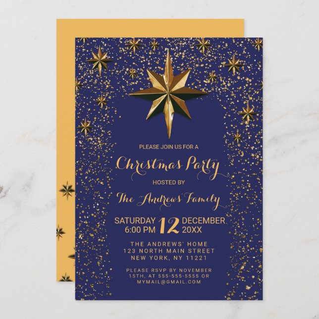 Navy Gold North Star Glitter Confetti Christmas Invitation (Front/Back)