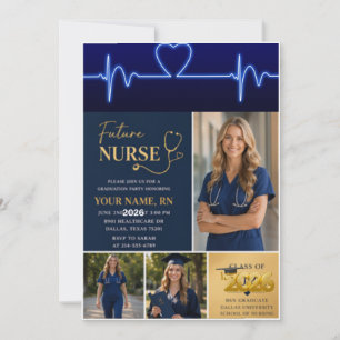 Navy Gold Nursing Graduation Invitation   ECG Hear