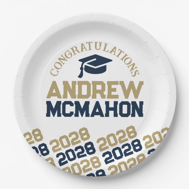 Navy & Gold on White Half Repeat Grad Personalised Paper Plate (Front)