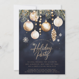 Navy Gold Ornaments Baubles Christmas Party Invitation