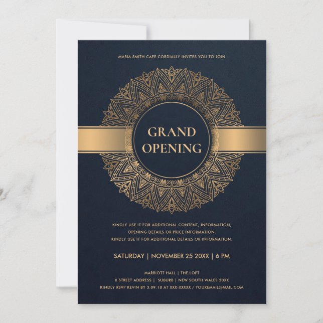 NAVY GOLD ORNATE CLASSIC MANDALA GRAND OPENING INVITATION (Front)