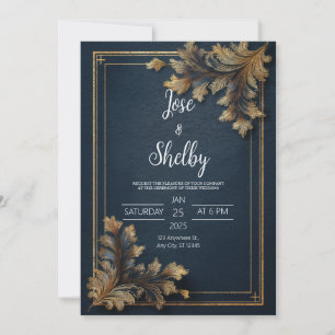 Navy Gold Ornate Floral Wedding Invitation