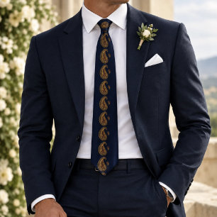 Navy Gold Ornate Paisley Burgundy Accents Tie