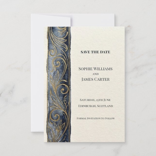 Navy Gold Ornate Save The Date Card (Front)