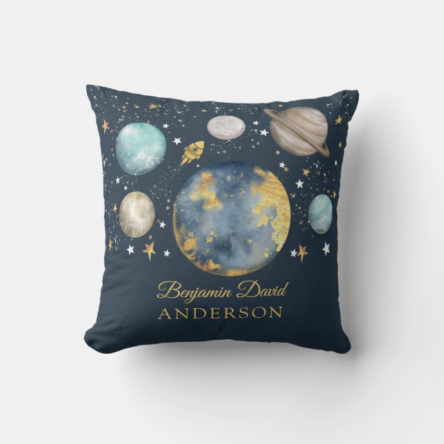 Navy Gold Outer Space Galaxy Moon Star Boy Nursery Cushion (Front)