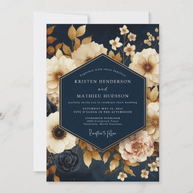 Navy Gold Painterly Bloom Wedding Invitation (Front)
