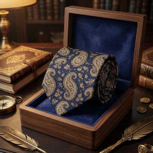 Navy Gold Paisley Classic Baroque Pattern Tie