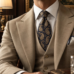 Navy Gold Paisley Classic Baroque Pattern Tie
