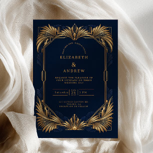 Navy Gold Palm Art Deco Wedding Invitation