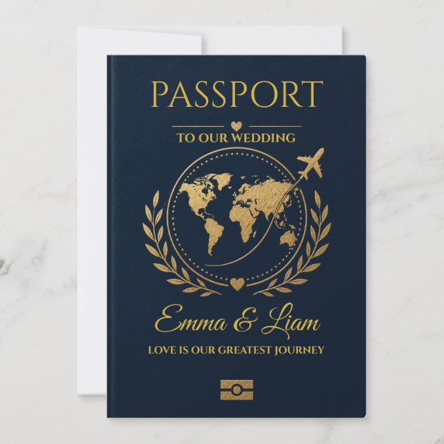Navy Gold Passport Destination Wedding Invitation (Front)