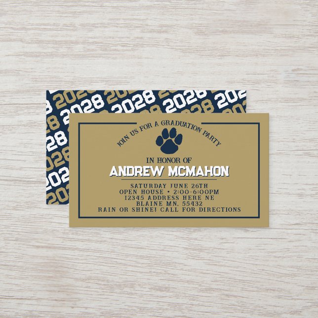 Navy & Gold Pawprint Mini Graduation Invites (Navy Blue & Gold Pawprint Mini Graduation Invites for Friends, Team Mates or as Inserts!)