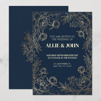 Navy Gold Peony Border Wedding Invitation