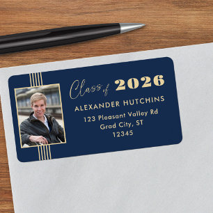 Navy Gold Photo Frame 2026 Grad Address Label