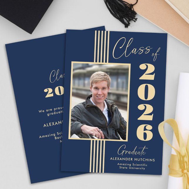 Navy Gold Photo Frame Class of 2025 Graduation Announcement (Creator Uploaded)