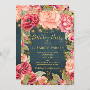 Navy gold pink roses lights birthday party invitation
