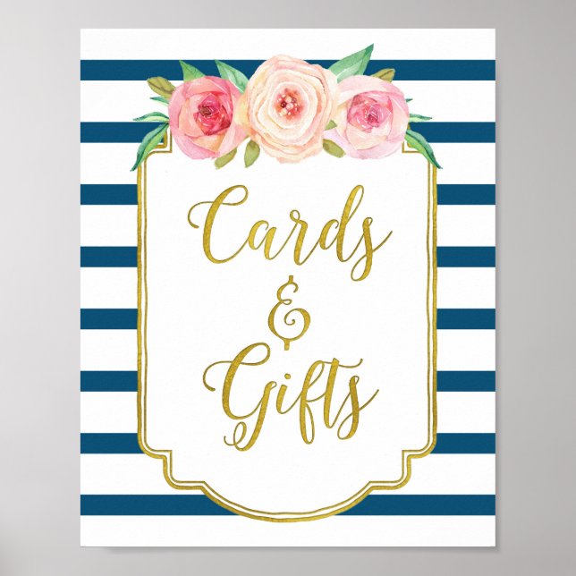Navy Gold Pink Watercolor Floral Cards Gifts Sign (Front)