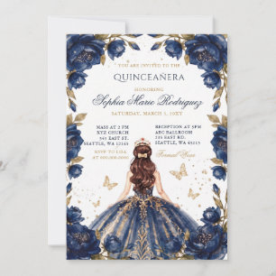 Navy Gold Princess Floral Tiara Quinceañera Invitation