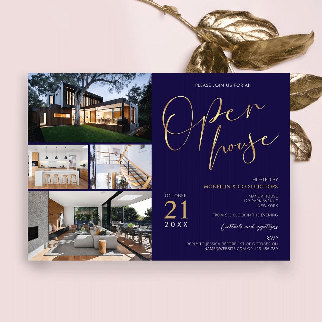 Navy & Gold Property Flyer Open House Four Photos Invitation (Navy and gold open house marketing flyer / invitation with space for 4 photos)
