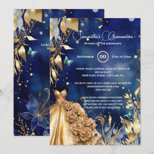 Navy gold Quinceañera butterfly ballgown flowers Invitation