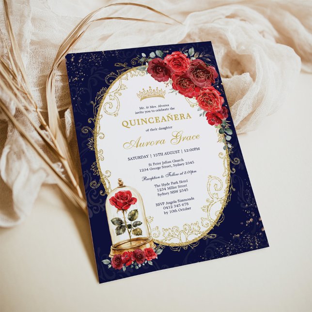 Navy Gold Quinceañera Enchanted Red Roses Party Invitation (Creator Uploaded)