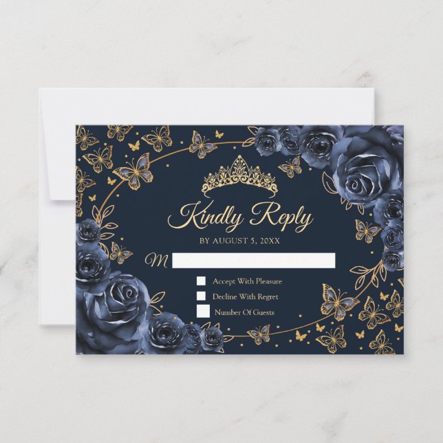 Navy Gold Quinceanera Reply RSVP Card (Front)