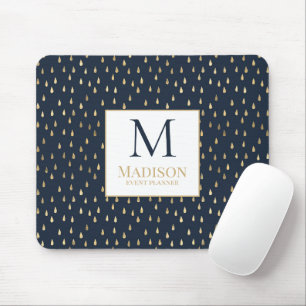 Navy Gold Raindrop Modern Trendy Monogram Mouse Pad