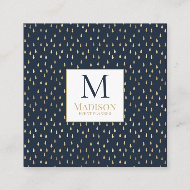 Navy Gold Raindrop Modern Trendy Monogram Square Business Card (Front)