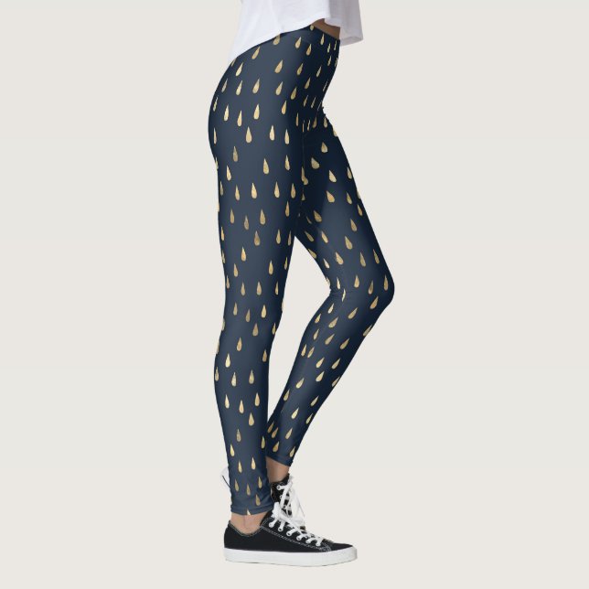 Navy Gold Raindrop Modern Trendy Yoga Leggings (Right)