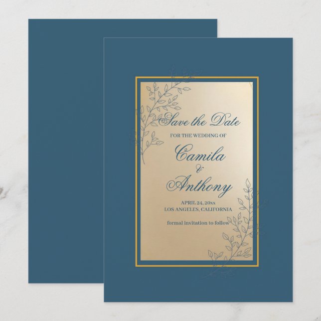Navy Gold Rectangle Floral Boho Save The Date Invitation (Front/Back)