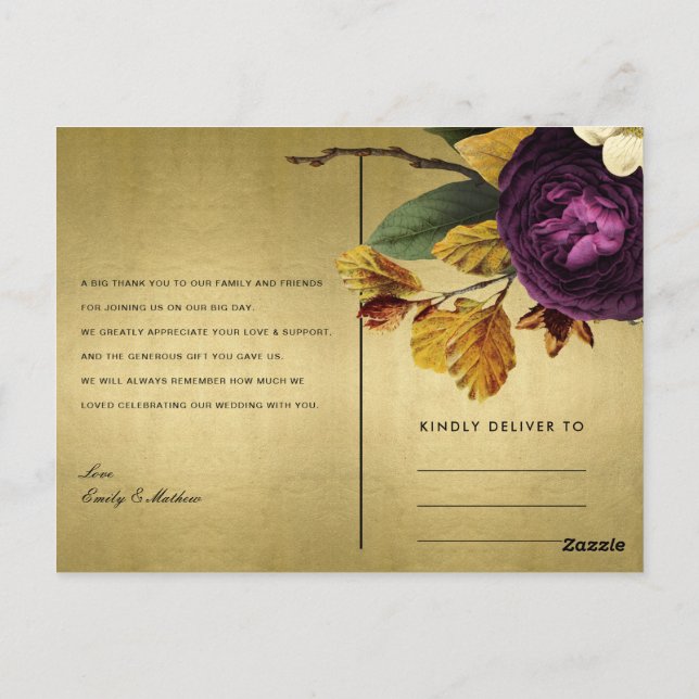 NAVY GOLD RETRO BURGUNDY FLORAL WEDDING THANK YOU POSTCARD (Back)
