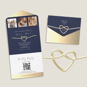 Navy Gold Rope Heart QR Wedding All In One Invitation