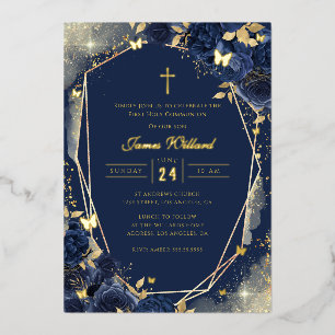 Navy Gold Rose Boys First Communion Foil